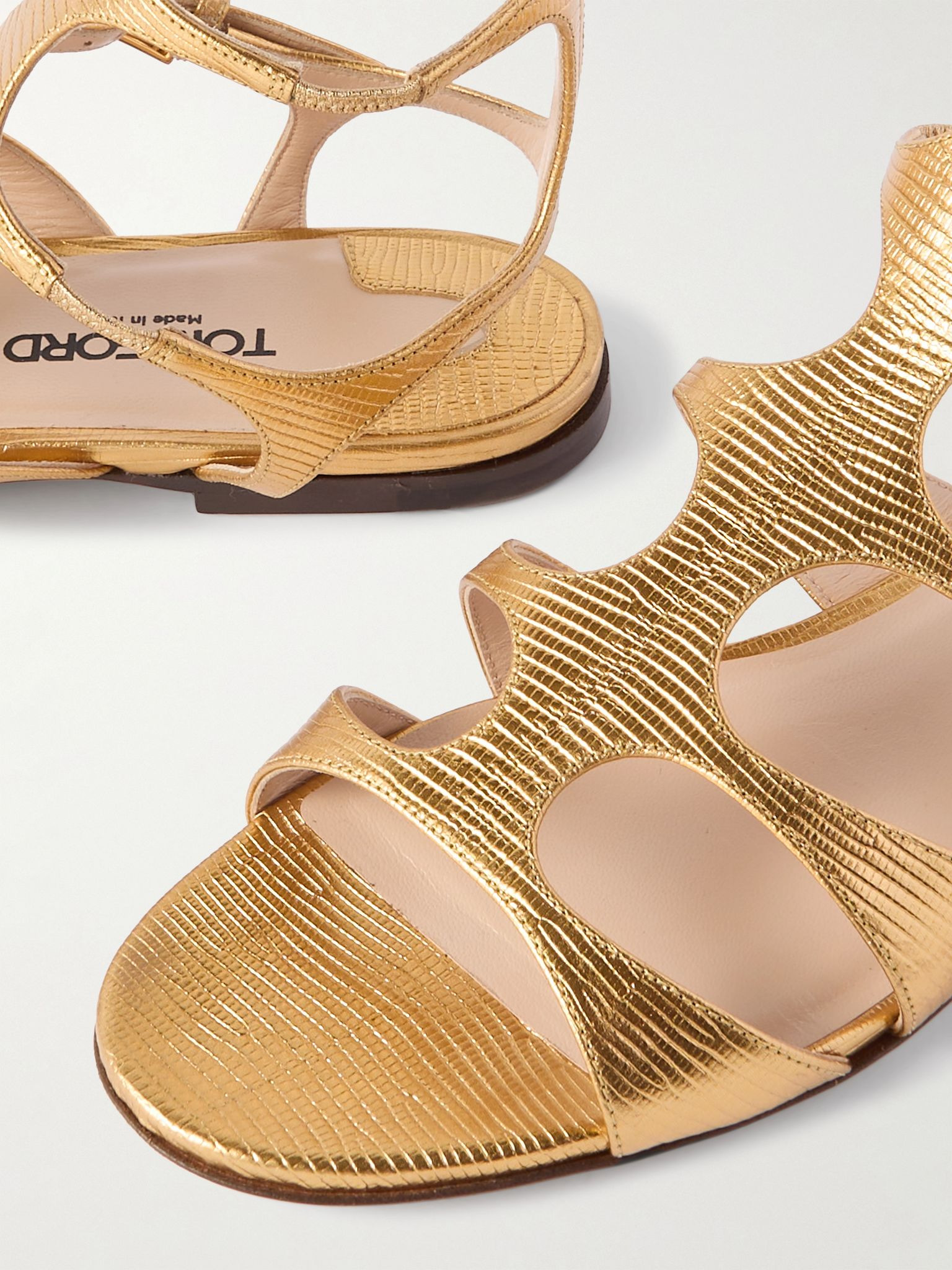 Metallic lizard-effect leather sandals Gold - 4