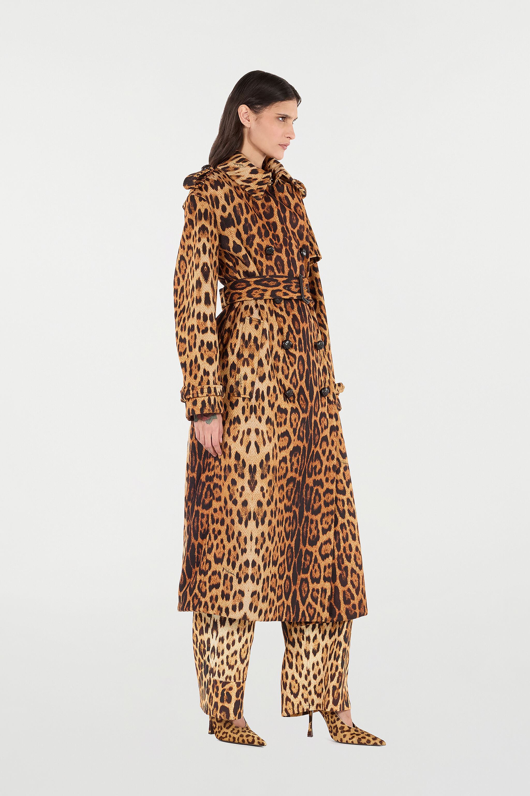 Long Trench Coat With Jaguar Skin Print - 3