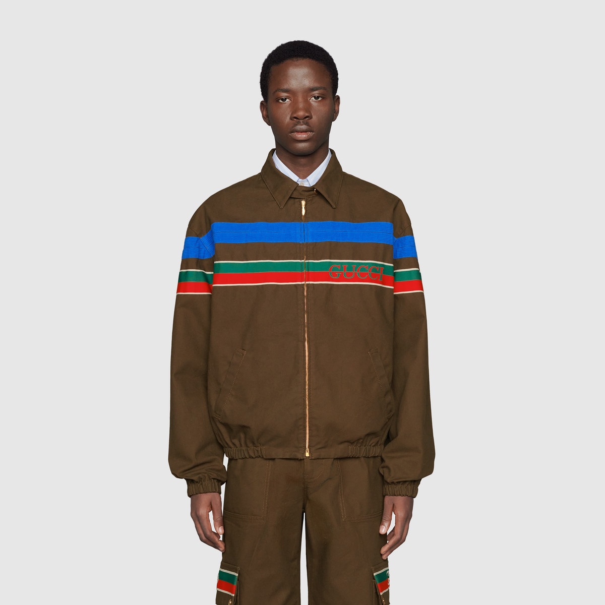 Cotton zip-up jacket with Gucci stripe - 3