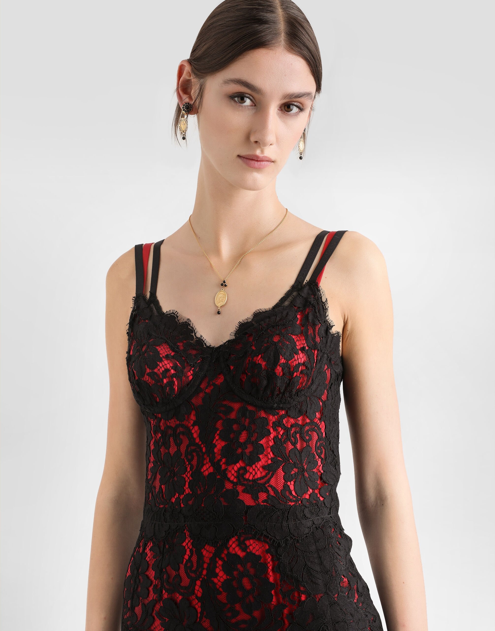 Calf-length floral lace slip dress with contrasting lining - 4