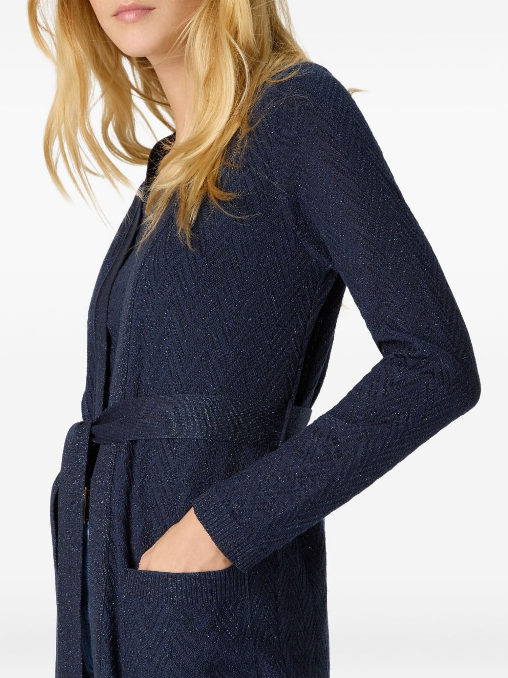 chevron-pattern belted cardigan - 4