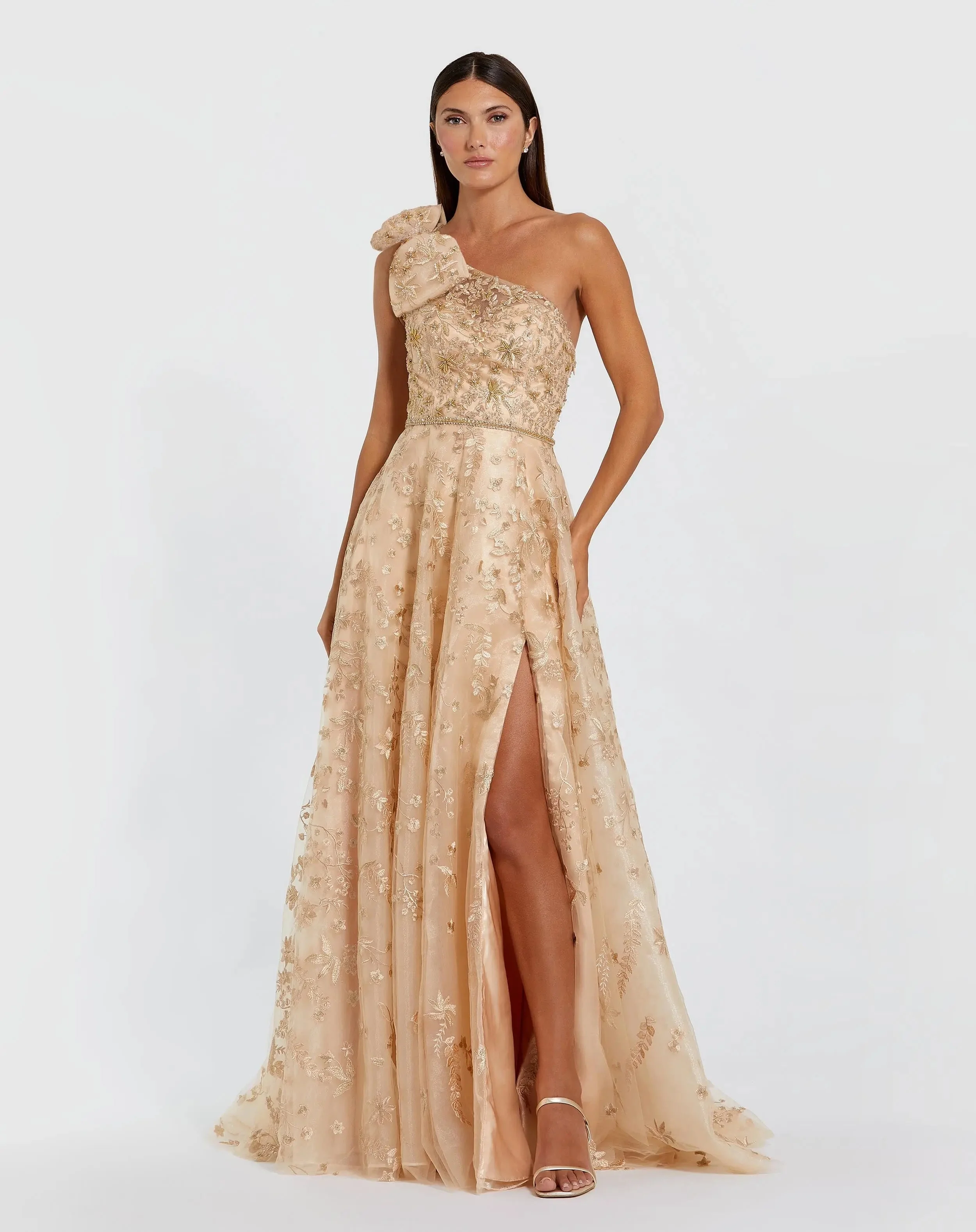 Beige Embellished Bow One Shoulder A Line Gown - 1