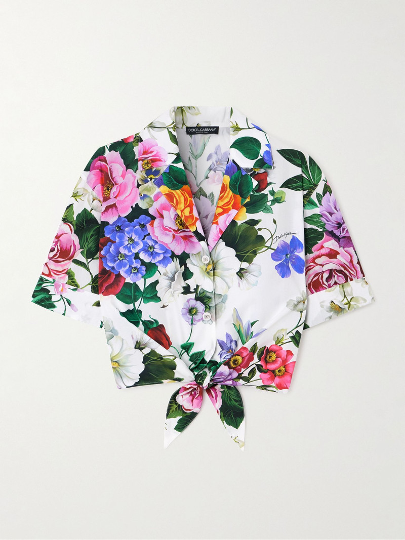 Knotted cropped floral-print cotton-poplin shirt White 1