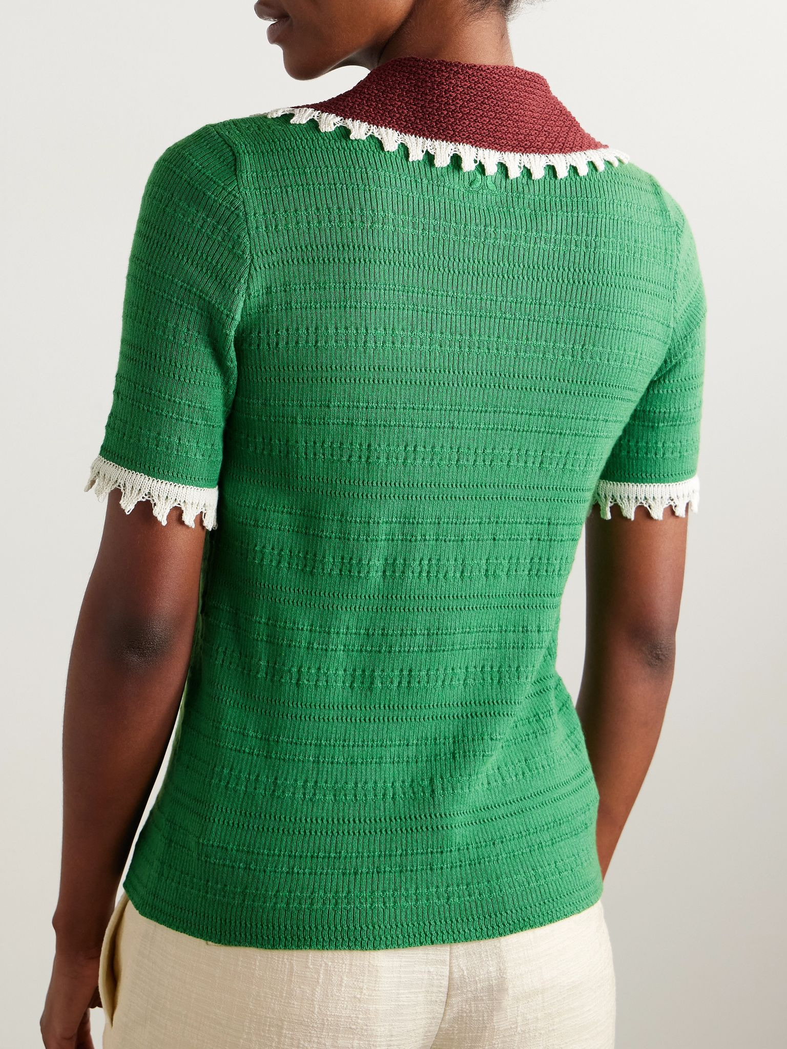 Scalloped wool and silk-blend polo shirt Green - 4