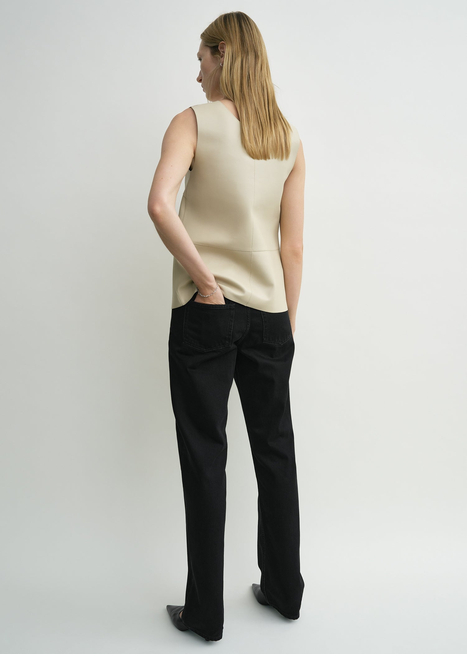 Scoop-neck leather top sand - 4