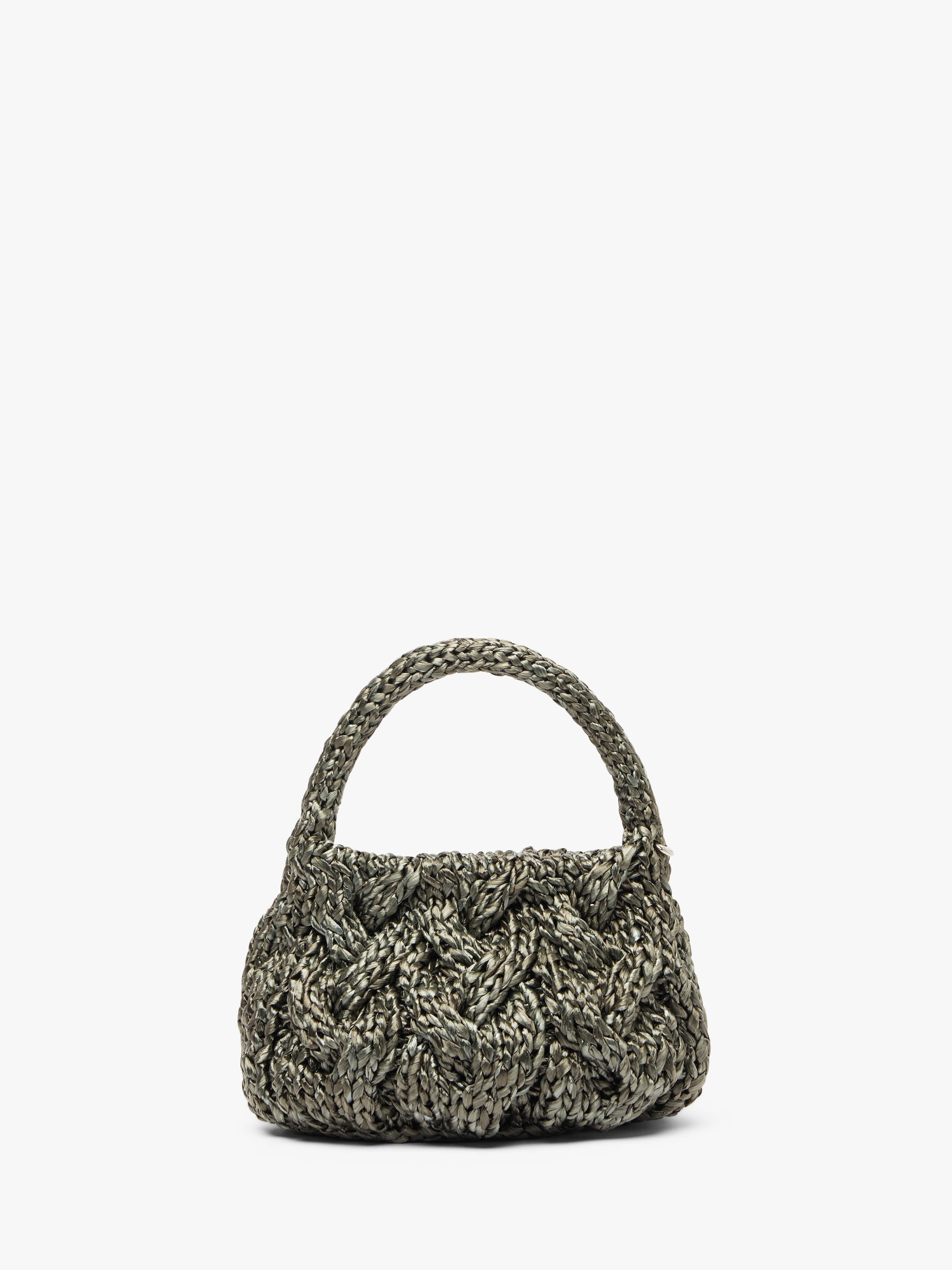 SMALL CABLE KNIT BAG - RAFFIA TOP HANDLE BAG - 4