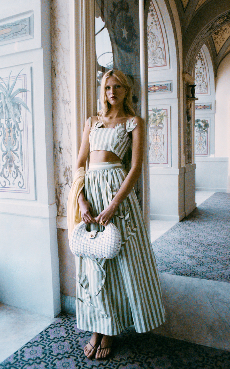 Oscar de la Renta Exclusive Riviera Appliquéd Striped Cotton Midi Skirt stripe outlook