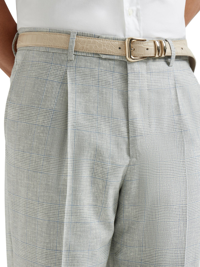 Men's Virgin Wool Prince of Wales Fresco Pleated Trousers - Pearl Grey 4
