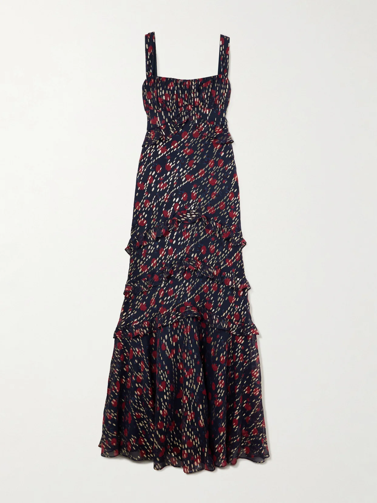 Chandra Ruffled Ruched Metallic Fil Coupé Silk-blend Maxi Dress - 1