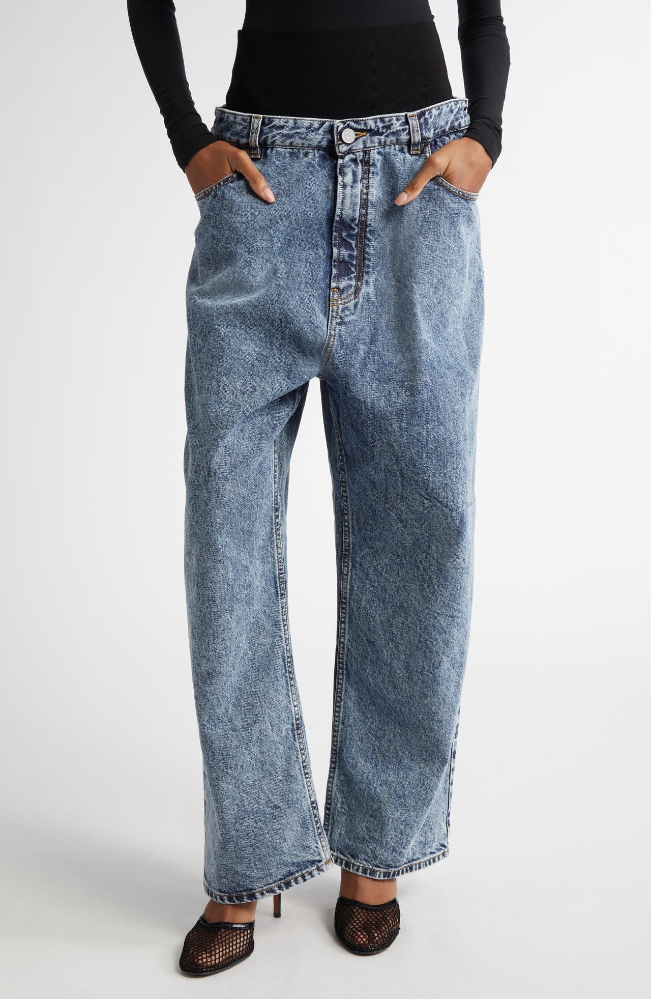 Alaïa Inset Wide Knit Waistband Loose Fit Straight Leg Jeans in Bleu Neige at Nordstrom - 1