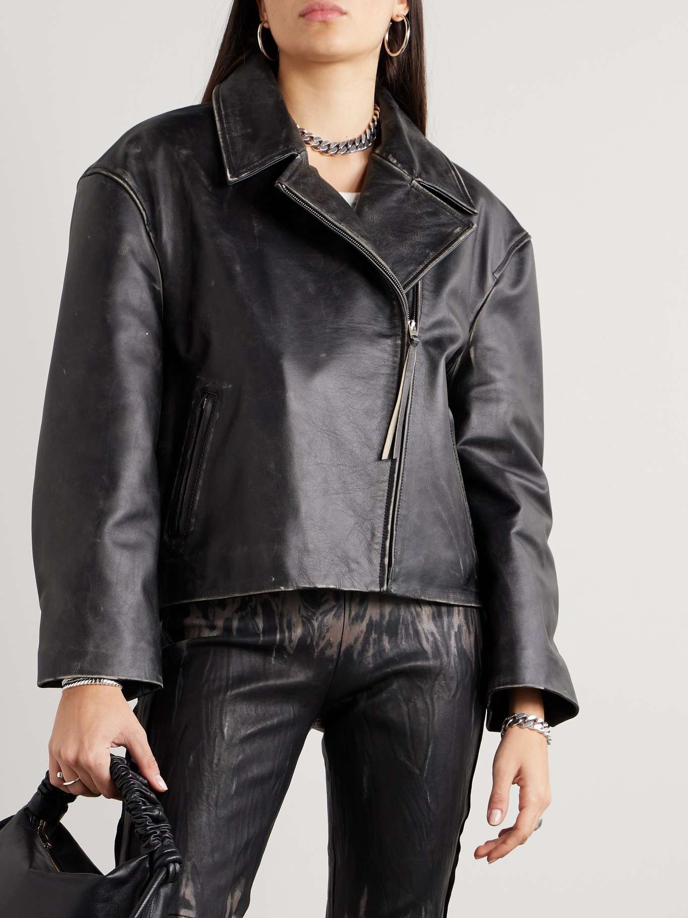 Distressed leather biker jacket - 3