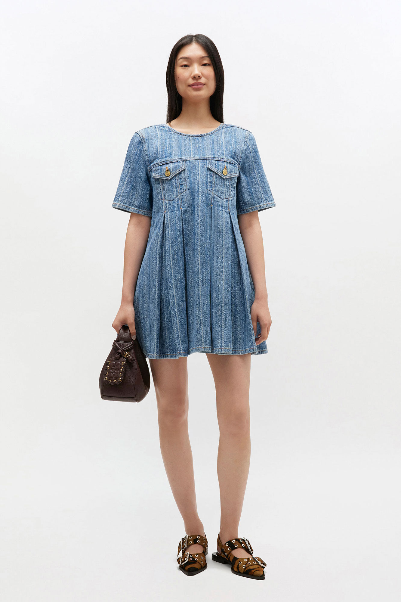 STRIPED DENIM PLEATED DRESS - 2