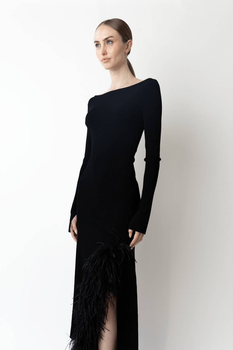 Matte Viscose Boatneck Dress With Feathers 1