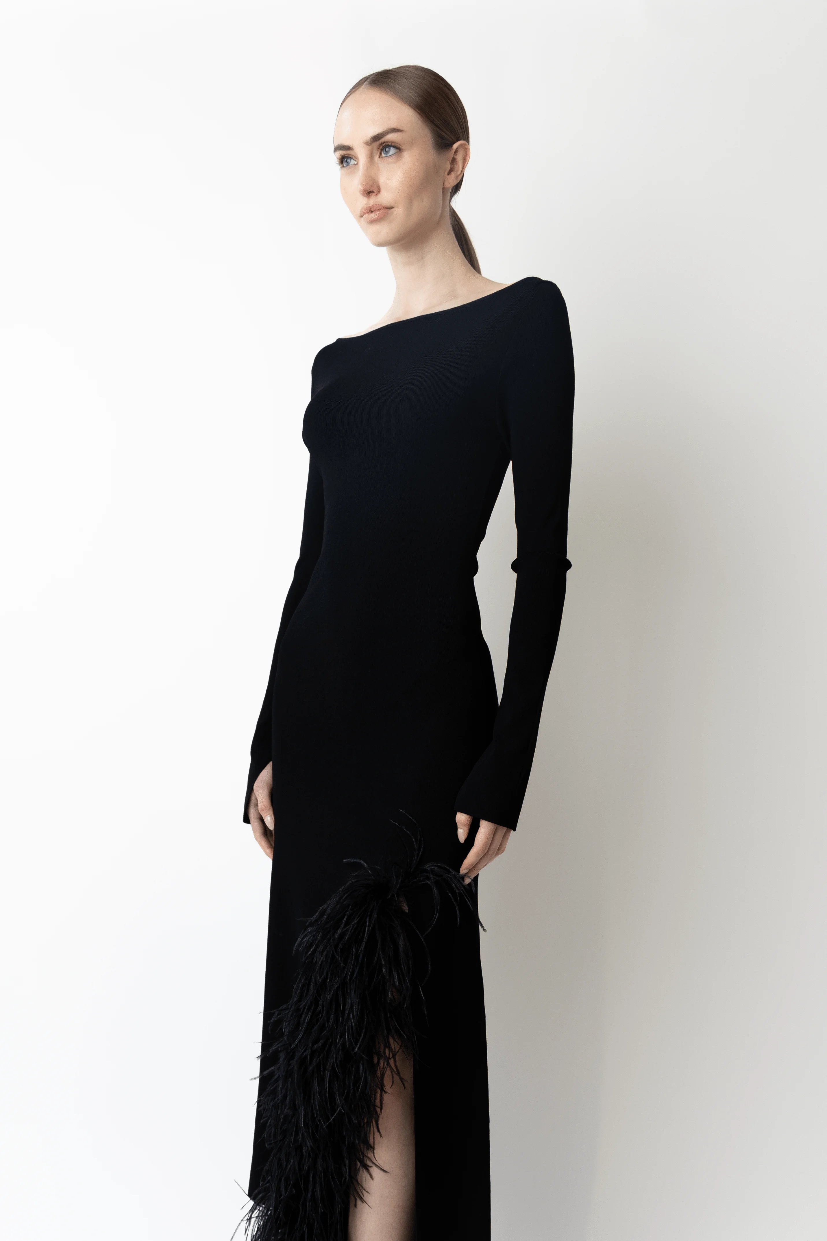 Matte Viscose Boatneck Dress With Feathers - 1