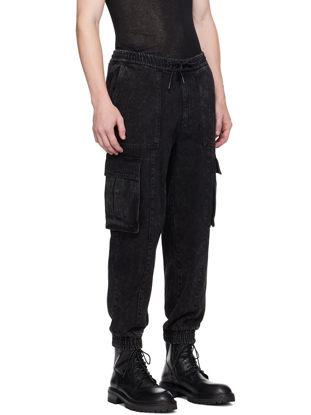 Black Faded Denim Cargo Pants - 2