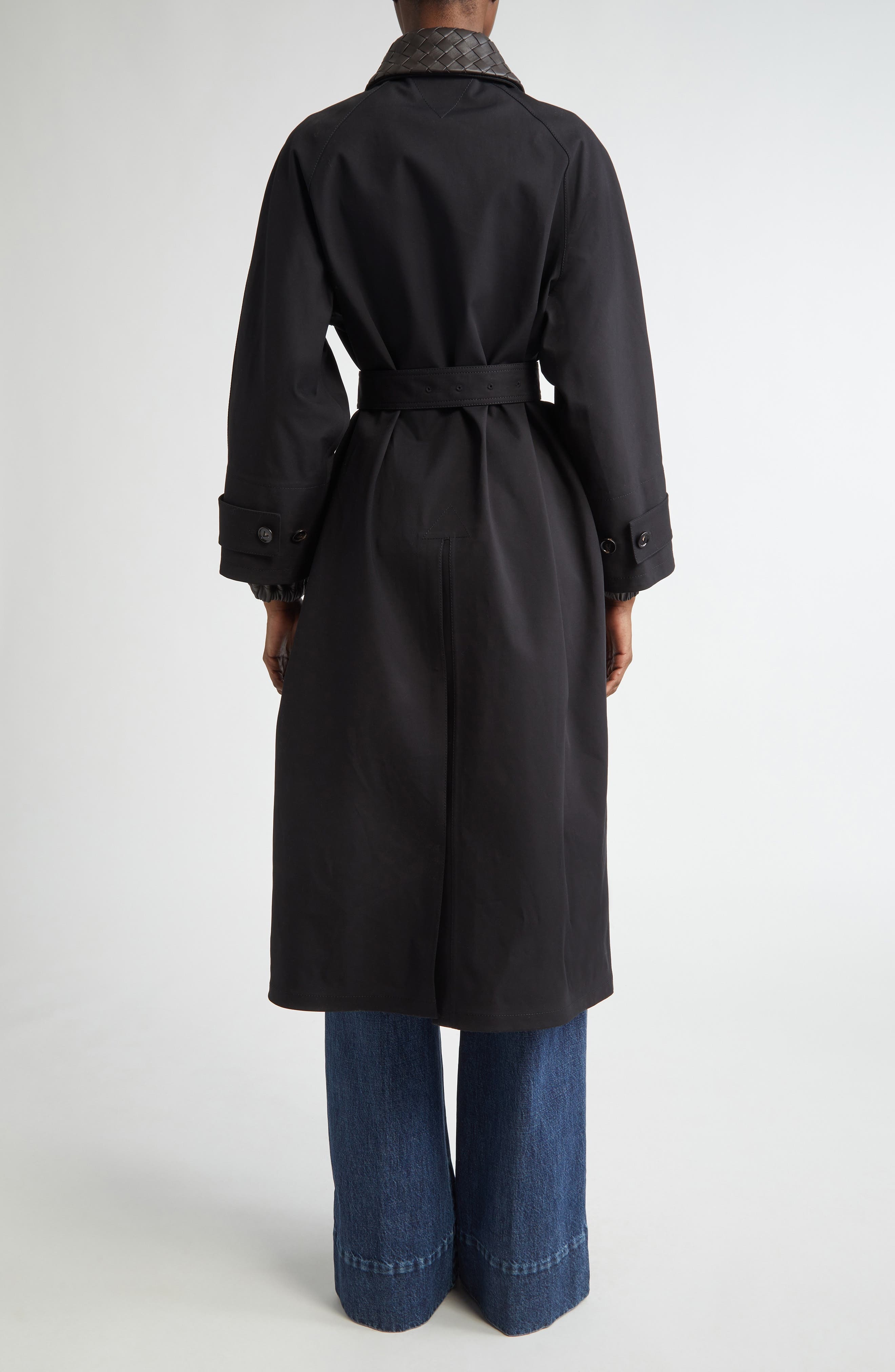 Bottega Veneta Intrecciato Leather Collar Water Repellent Trench Coat in 1000 Black at Nordstrom - 3