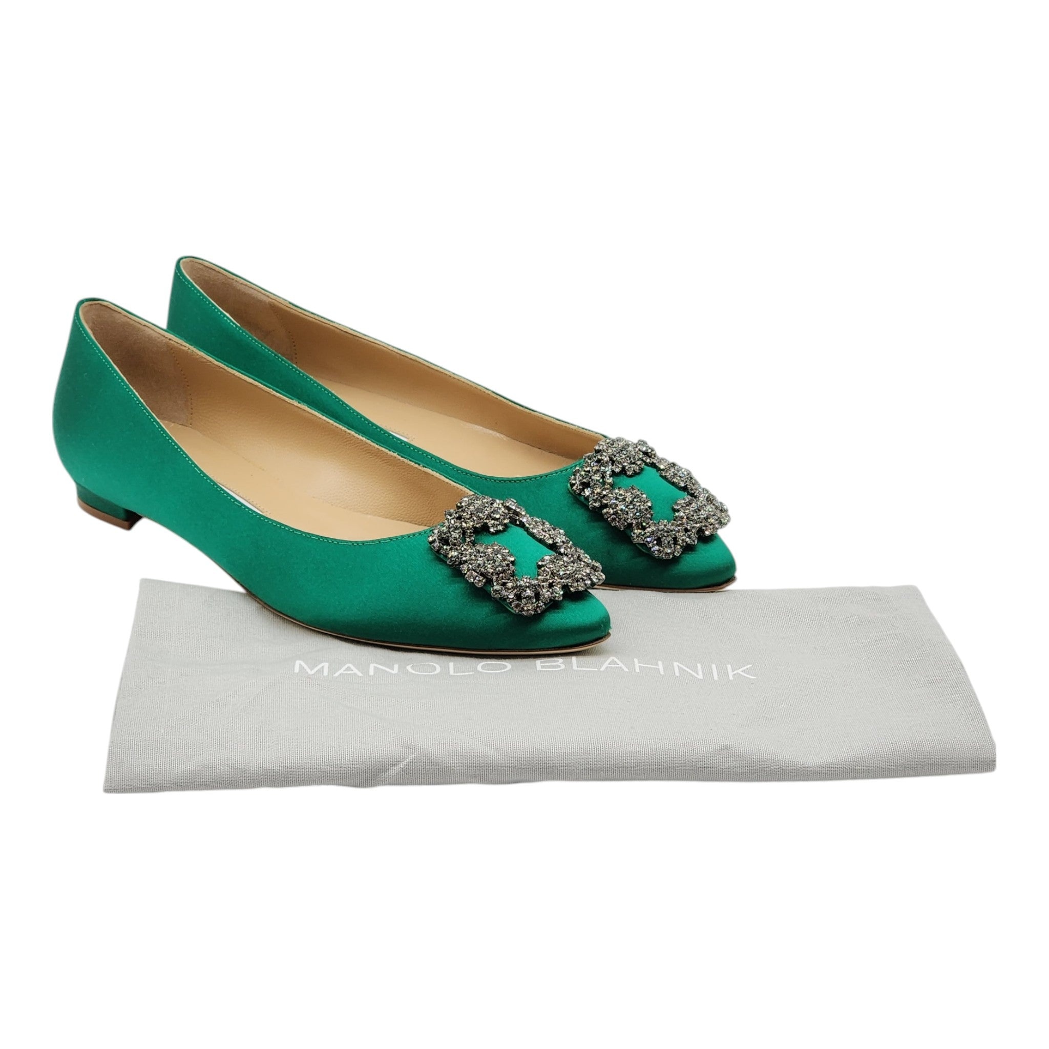 Manolo Blahnik Hangisiflat Jewel Buckle Flat Pumps - Satin - Green 36 - 7