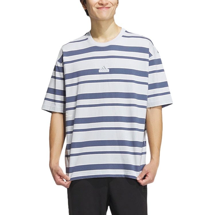 adidas Logo Stripe T-shirt Asia Sizing 'Grey Navy' IT3929 - 3