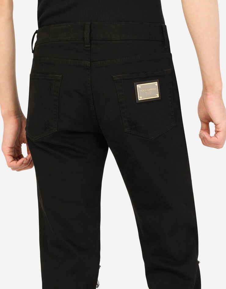 Black slim-fit stretch jeans with rips - 5