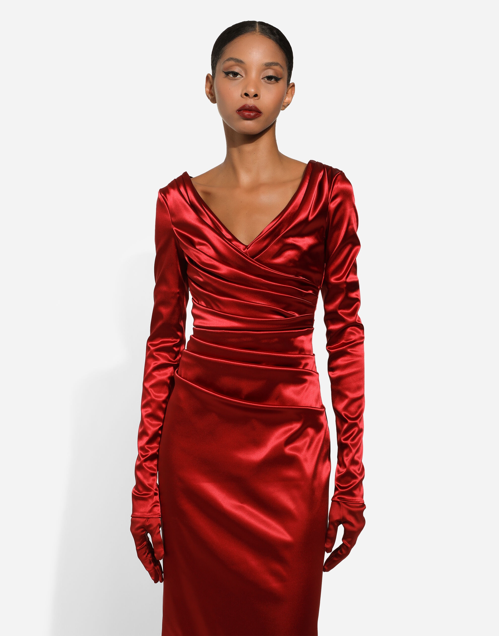 Satin draped calf-length dress - 5