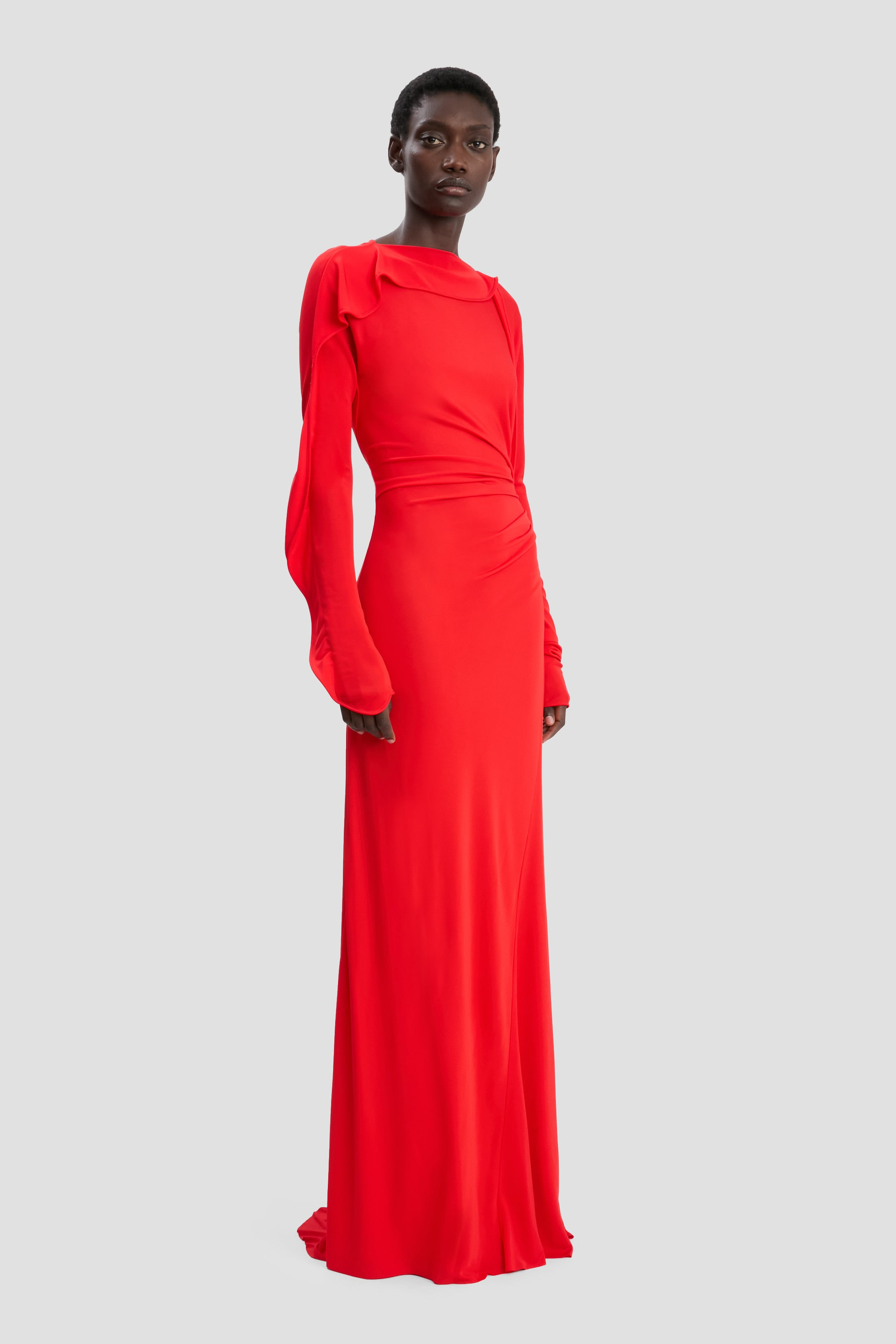 Long Sleeve Draped Jersey Gown In Cayenne - 3