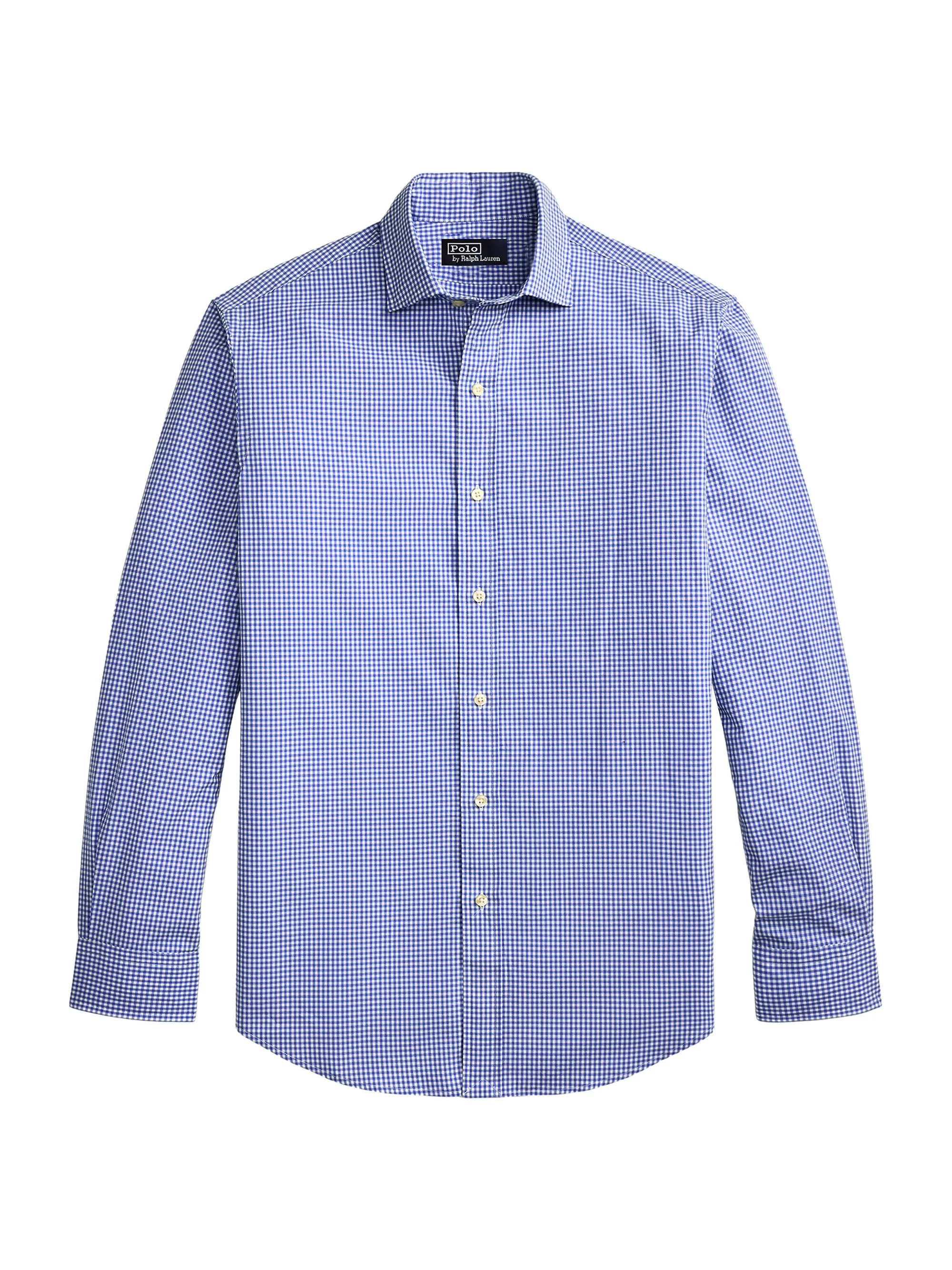 Men's Gingham Cotton Poplin Button-Front Shirt - Blue White - 1