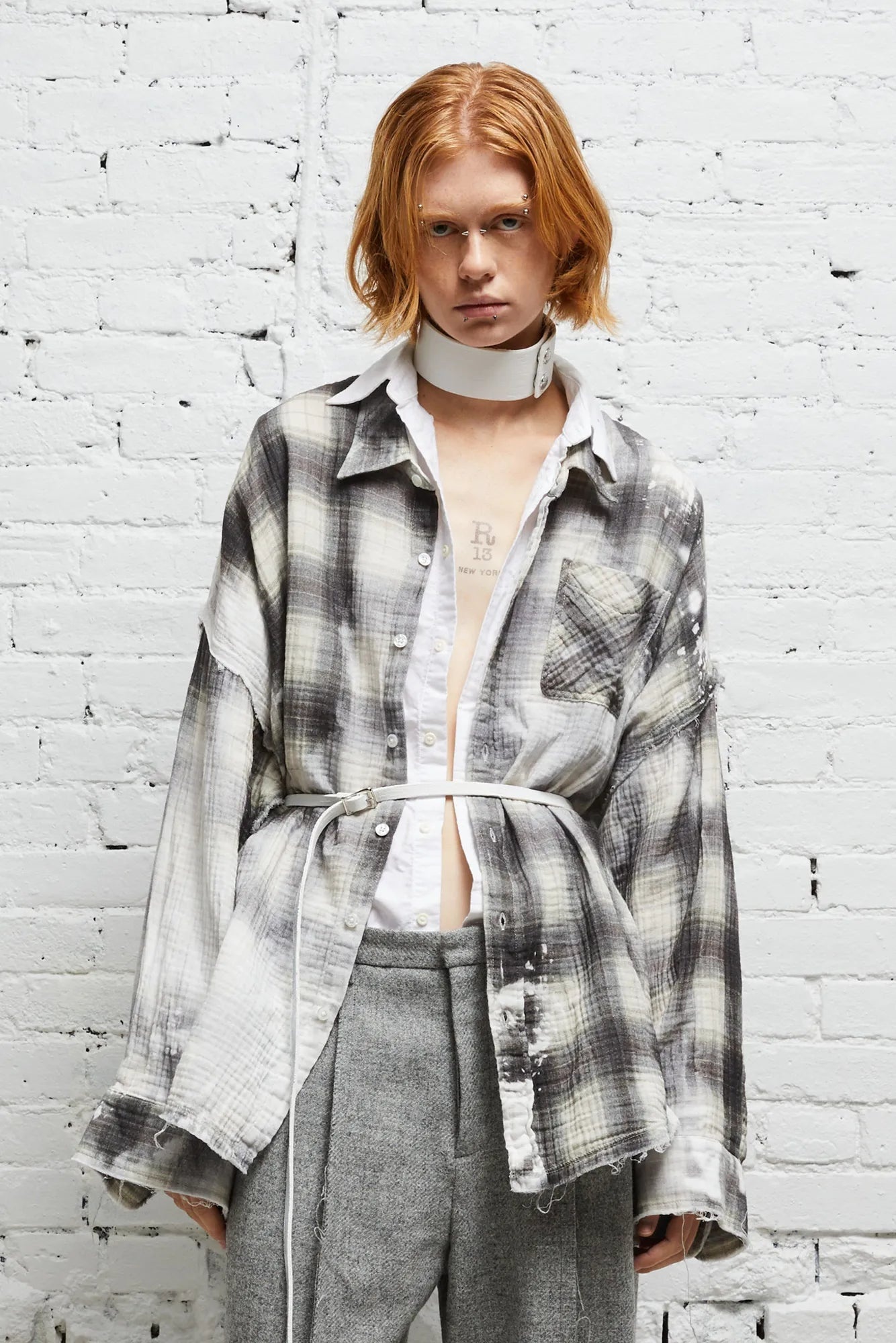 SHREDDED SEAM DROP NECK SHIRT - BLEACHED GREY PLAID - 1