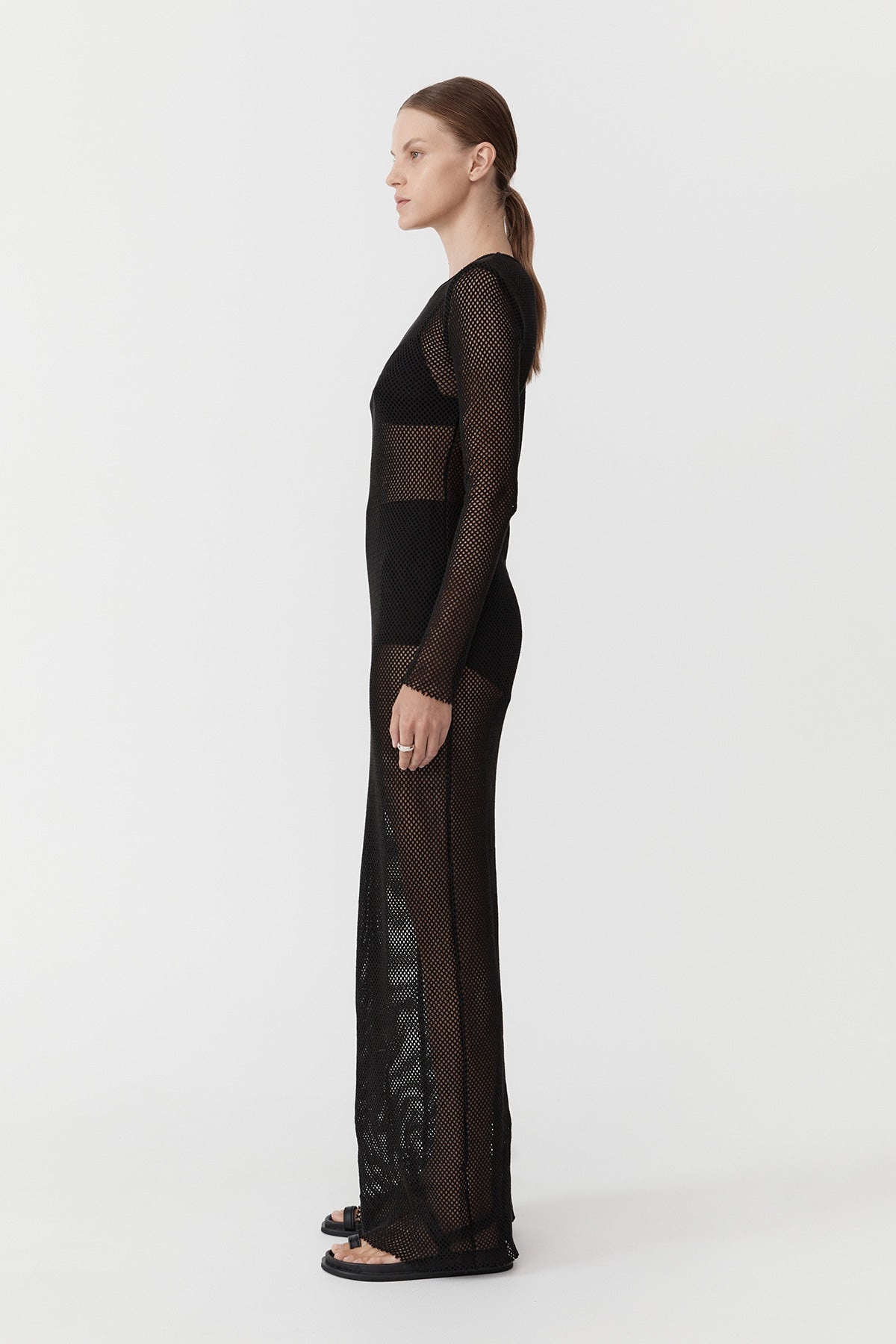 Mesh Long Sleeve Dress - Black - 4