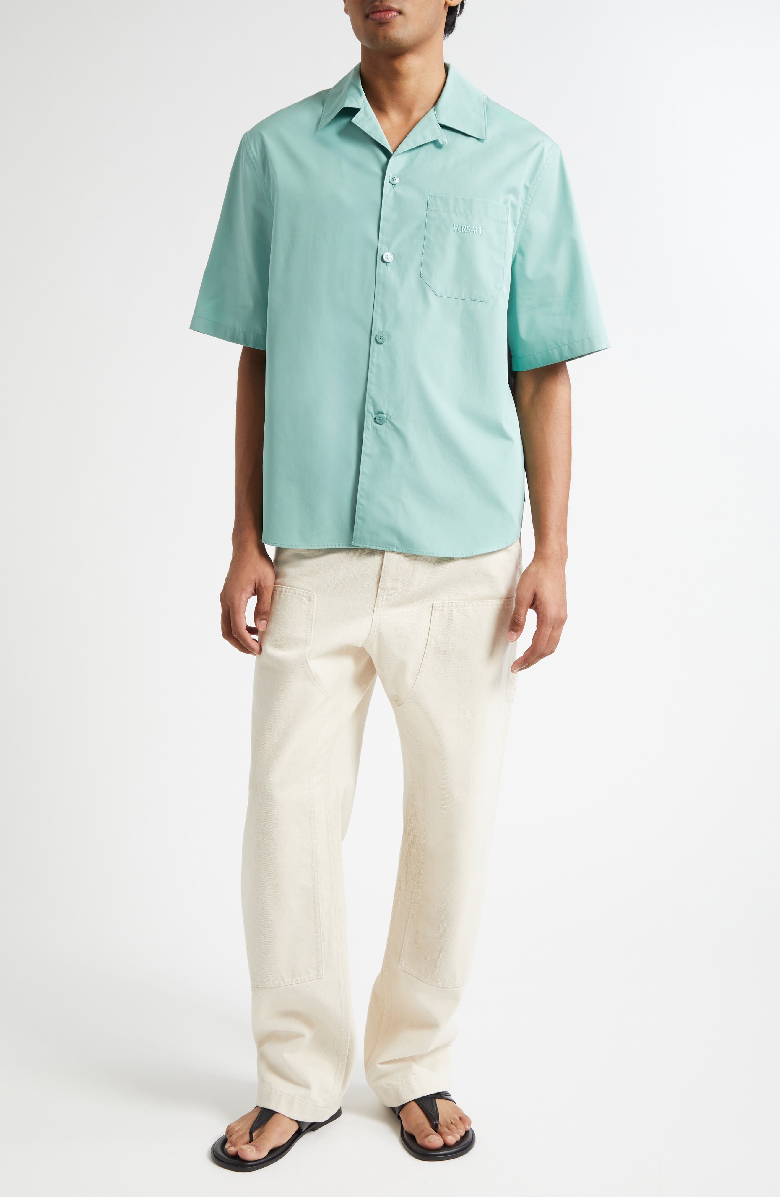 Versace Coral Theater Cotton Poplin & Silk Camp Shirt in Sea Green Dark Sea Green at Nordstrom - 2