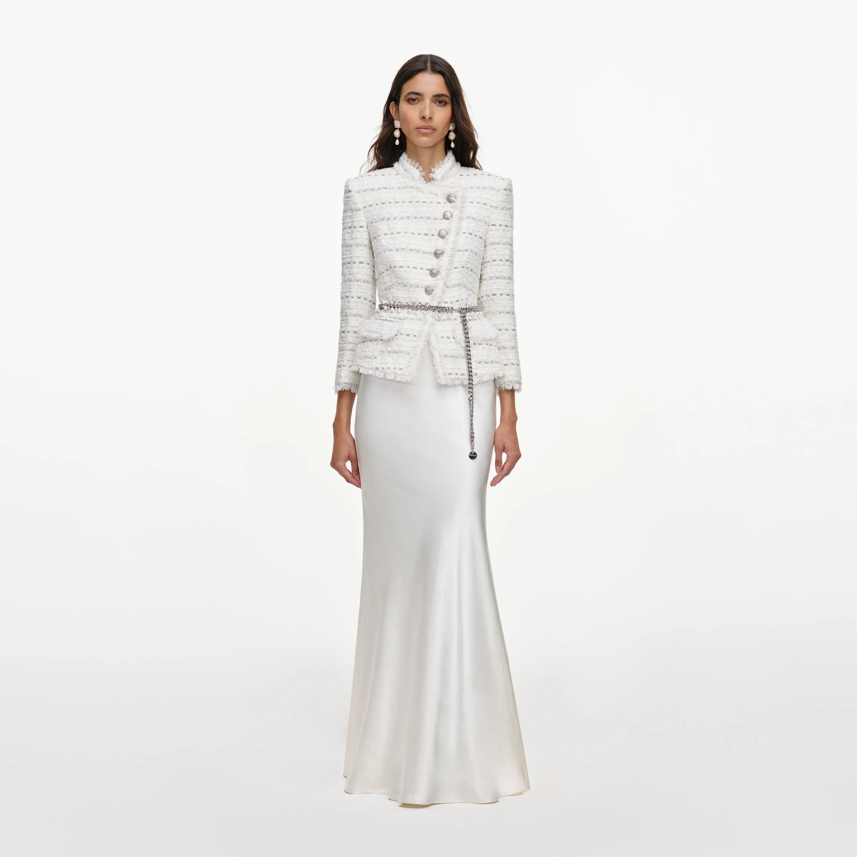 White Boucle Satin Maxi Dress - 1