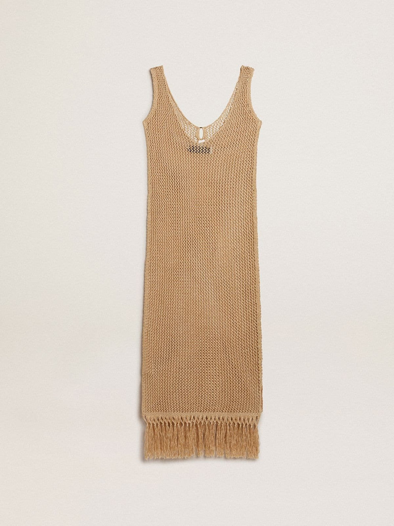 Women's sleeveless midi dress in beige crochet with fringes 5