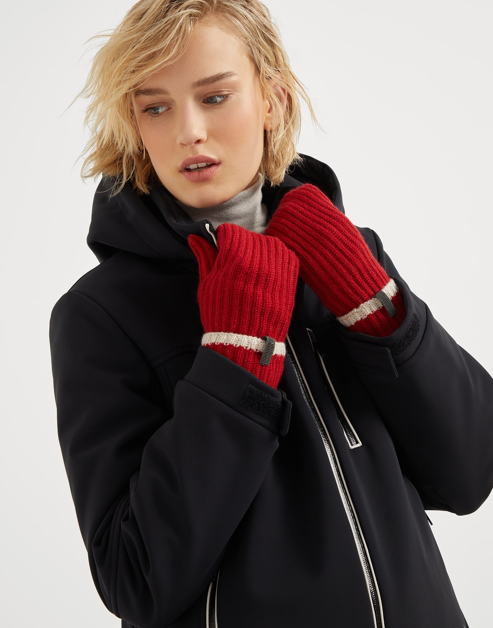 Cashmere English rib knit mittens with monili - 3