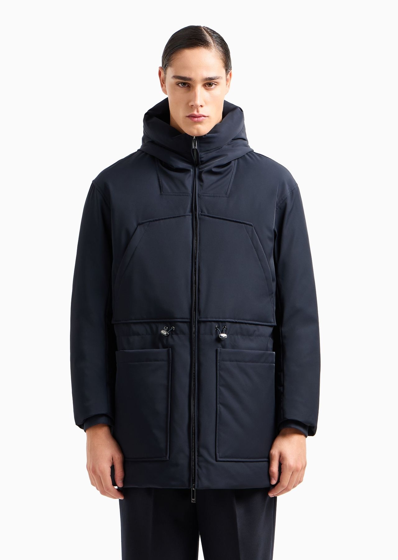 Three-quarter length hooded down jacket in water-repellent nylon twill - 2