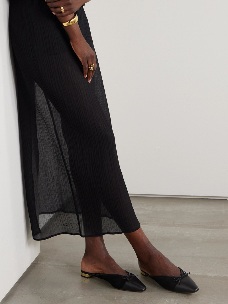 AQUAZZURA Gioia bow-embellished leather-trimmed suede slippers Black outlook