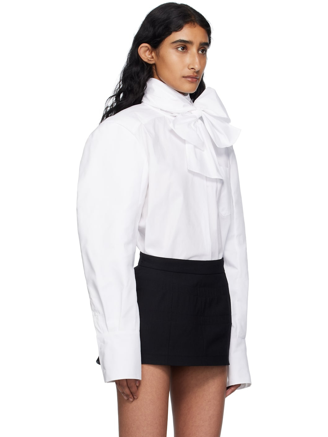 White Neck Ribbon Tie Blouse - 2