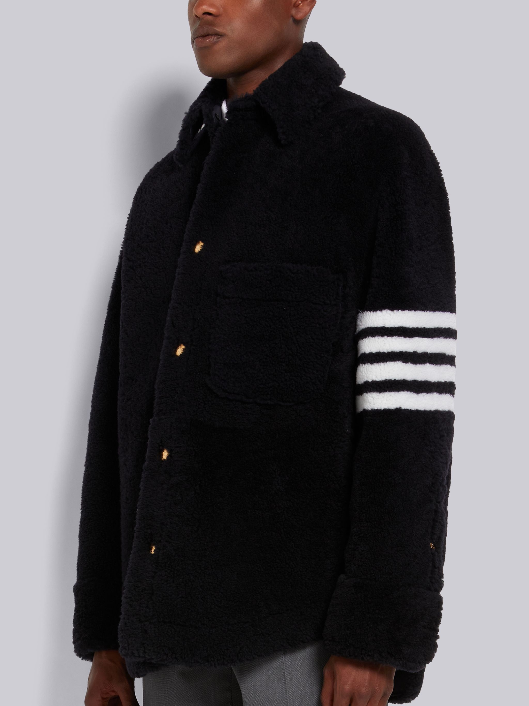 Navy Dyed Shearling 4-Bar Oversized Shirt Jacket - 2