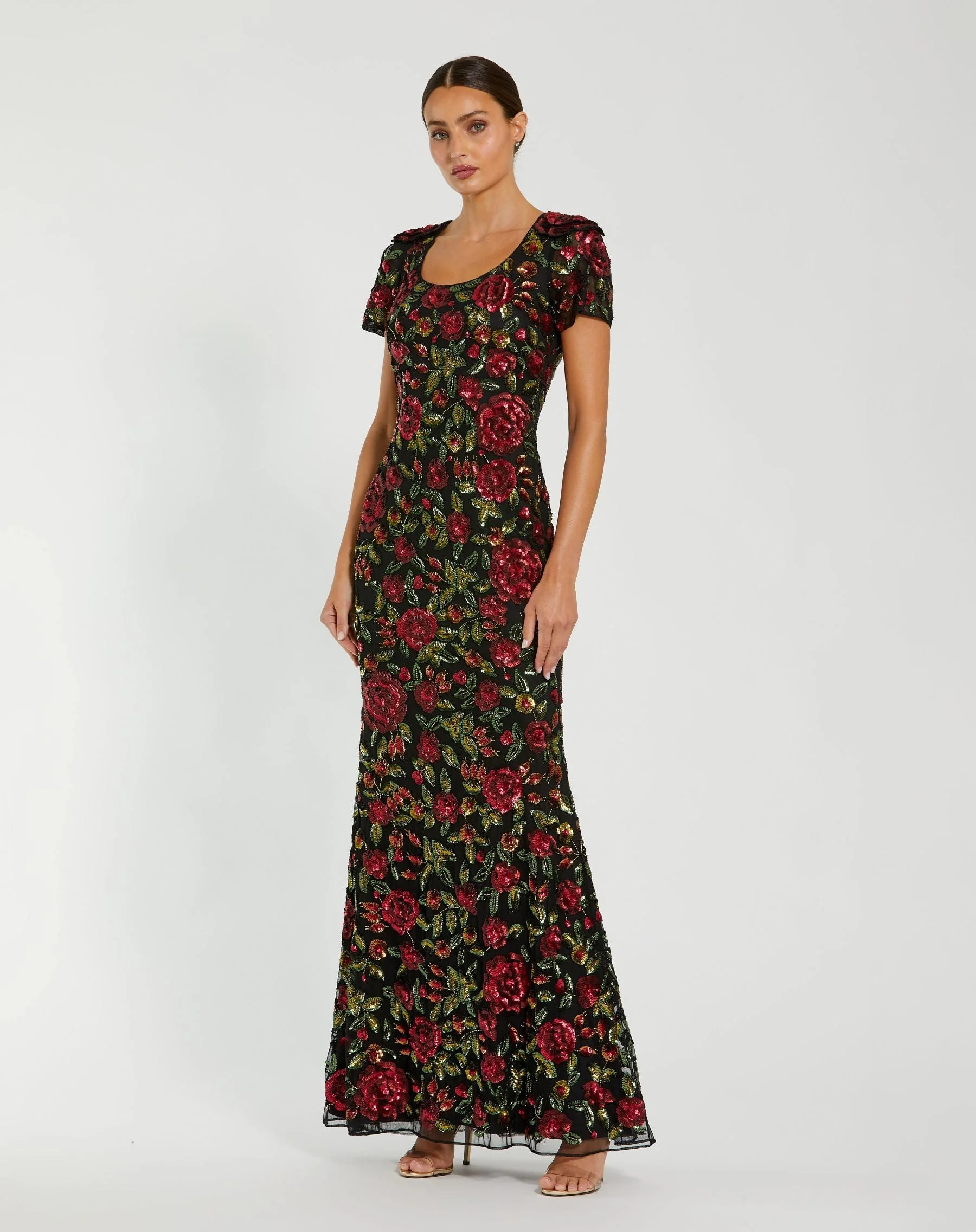 Black Multi Floral Sequin Scoop Neck Trumpet Gown - 1