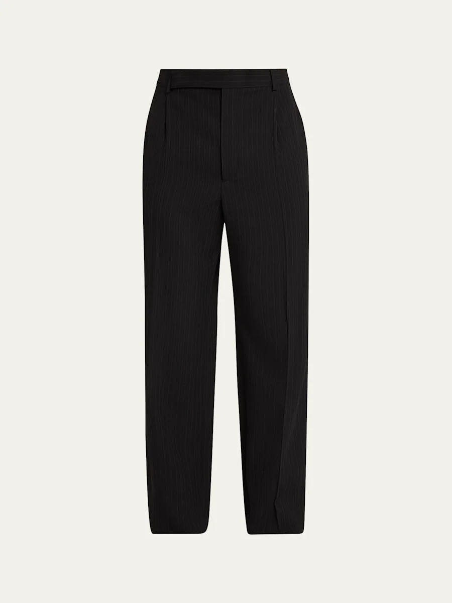 Men's Wool Stripe Pleated Wide-Leg Trousers - 1