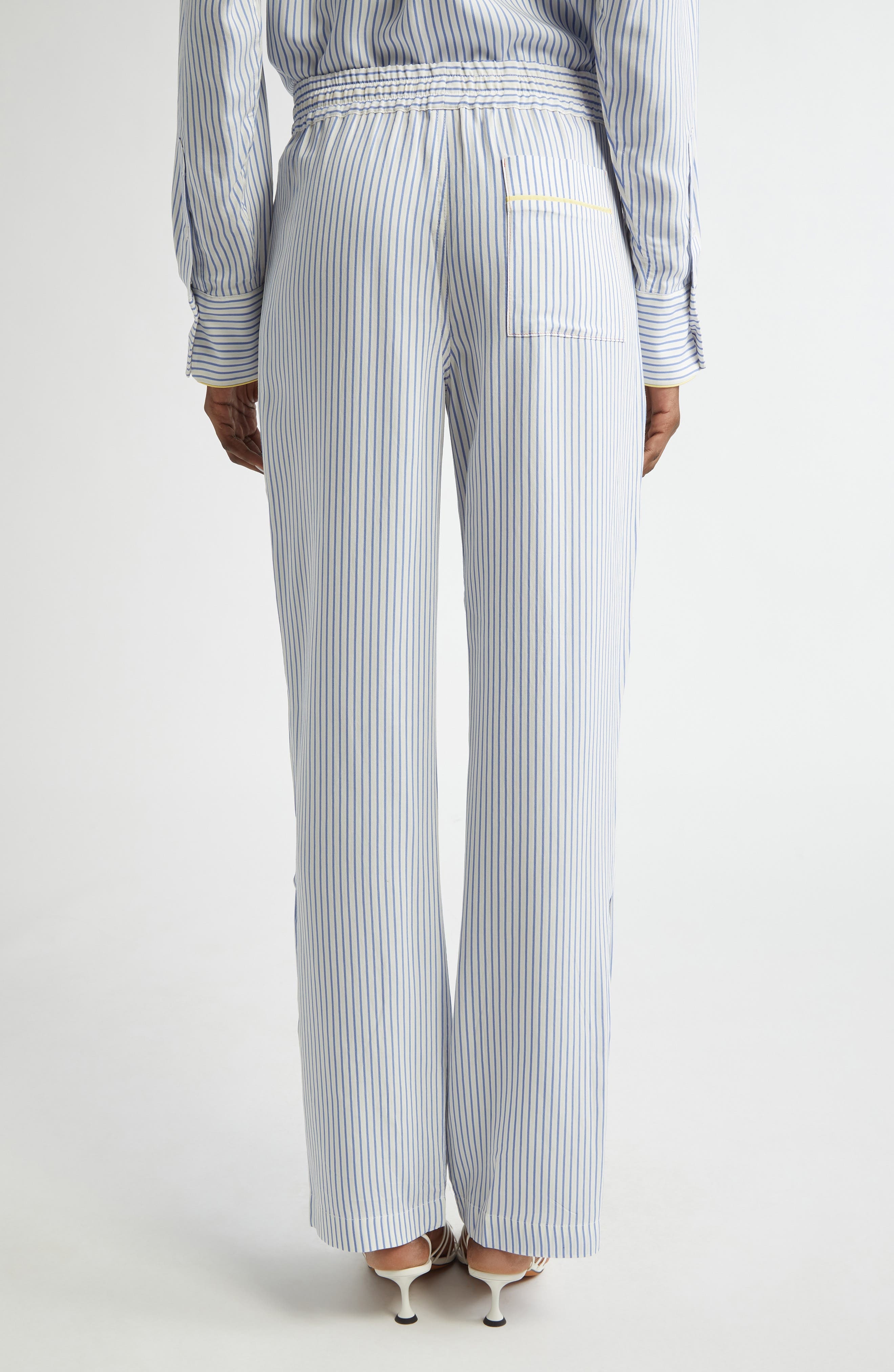 Victoria Beckham Pleat Detail Stripe Pajama Trousers in White /Regatta /Ice Lemon at Nordstrom - 3