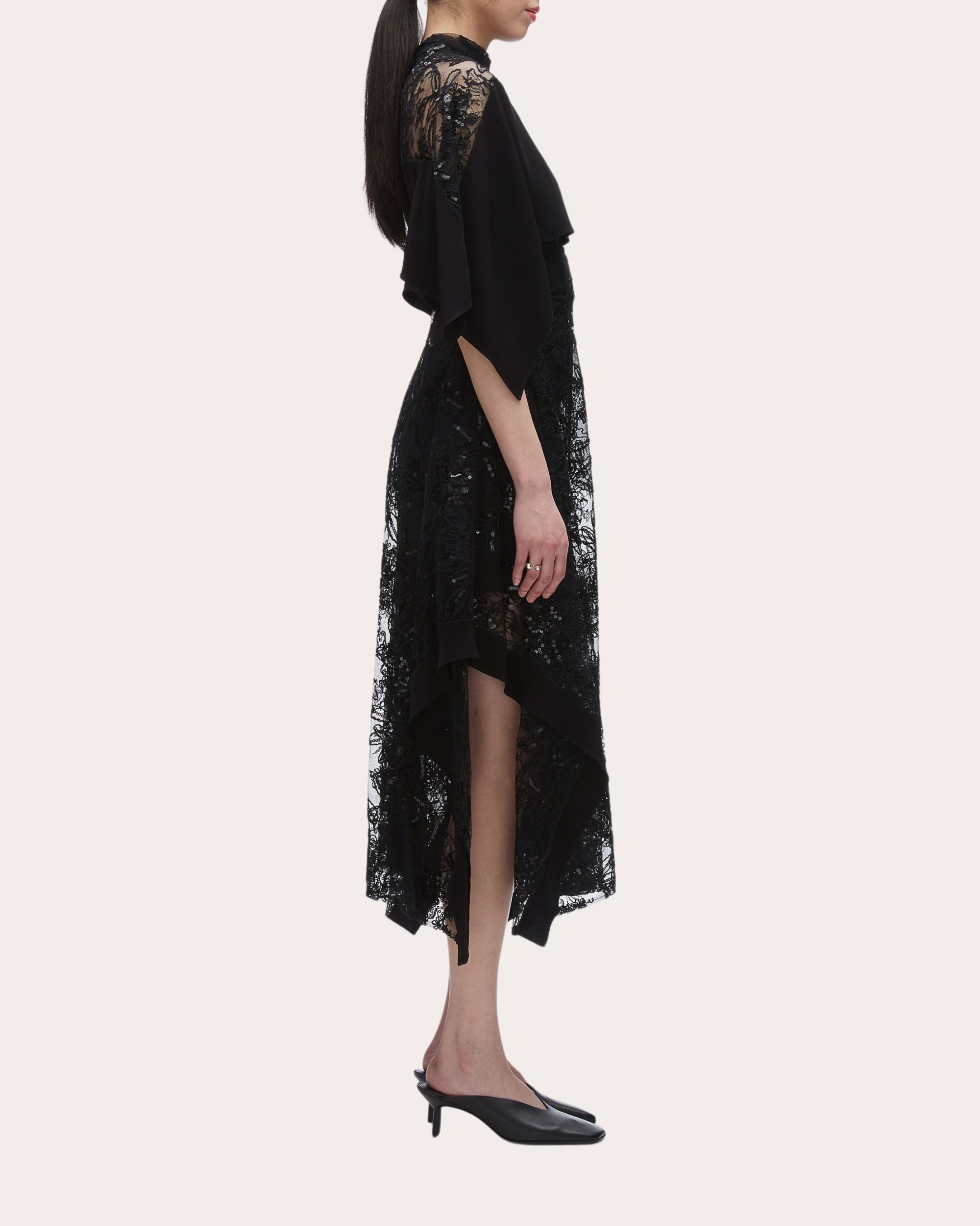 Sequin Lace Mock Neck Cape Midi Dress - 3