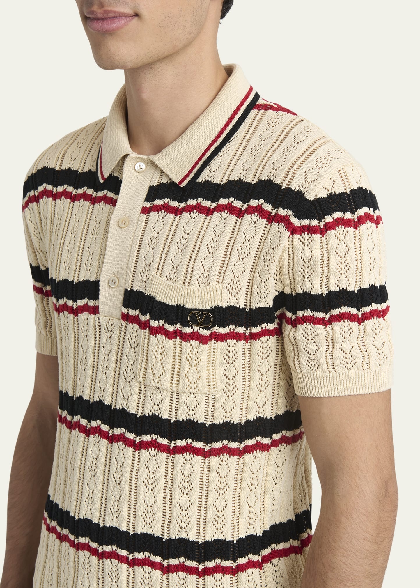 Men's Stripe Cotton Eyelet VLogo-Pocket Polo Shirt - 5
