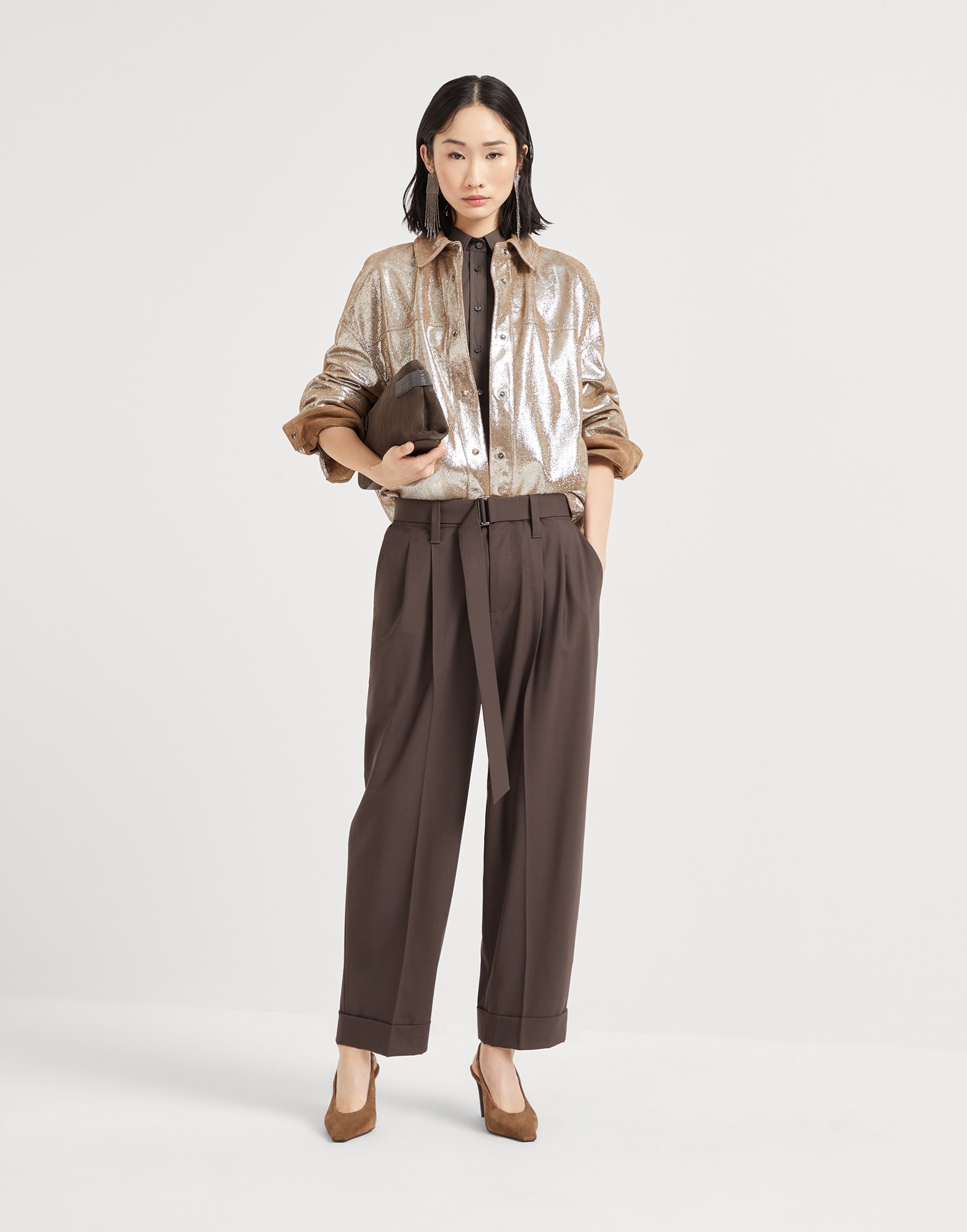 Lamé nappa leather shirt with monili - 5