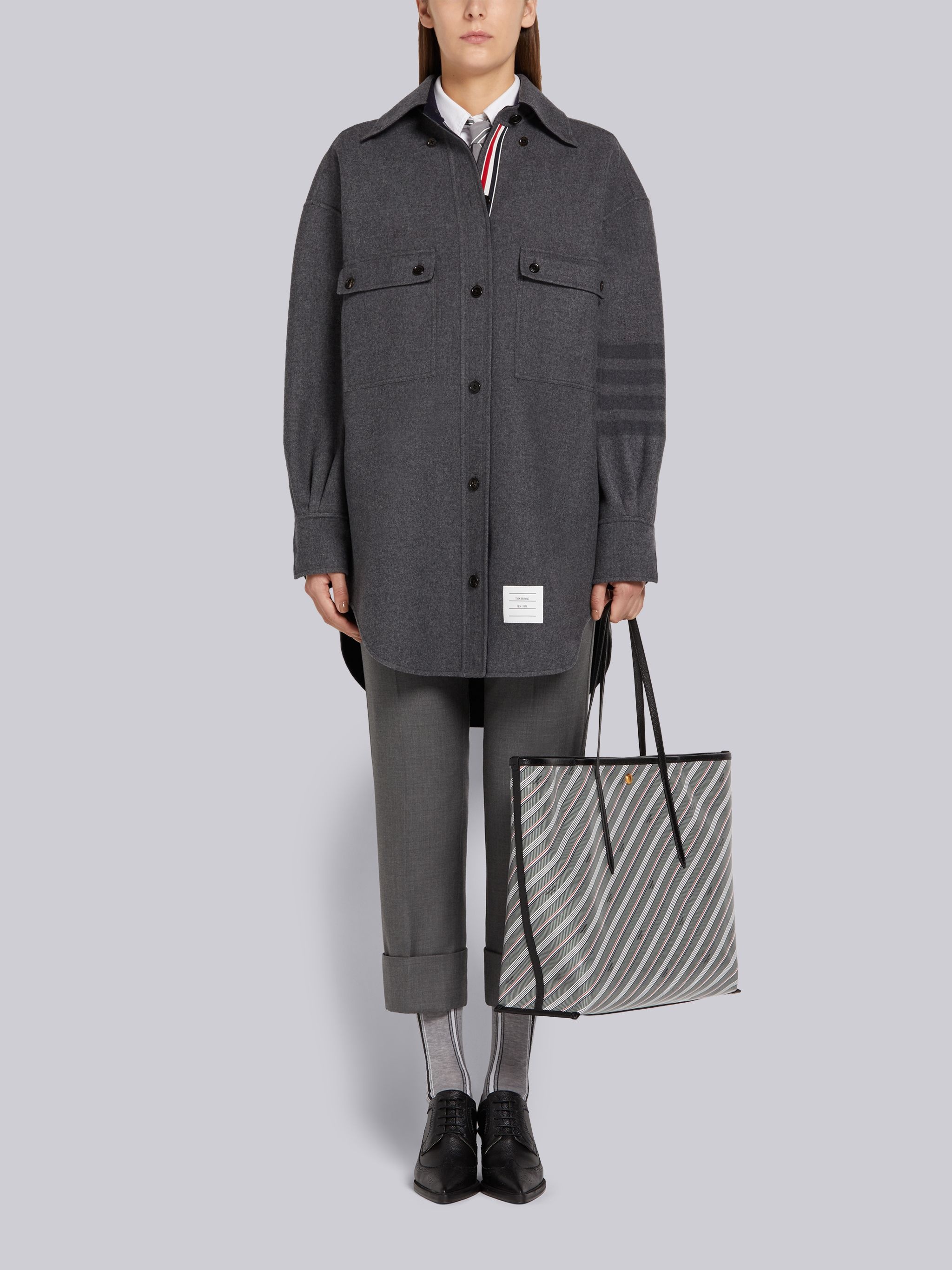 Medium Grey Double Face Melton Wool Engineered 4-Bar Long-sleeved Supersized Shirtdress - 4
