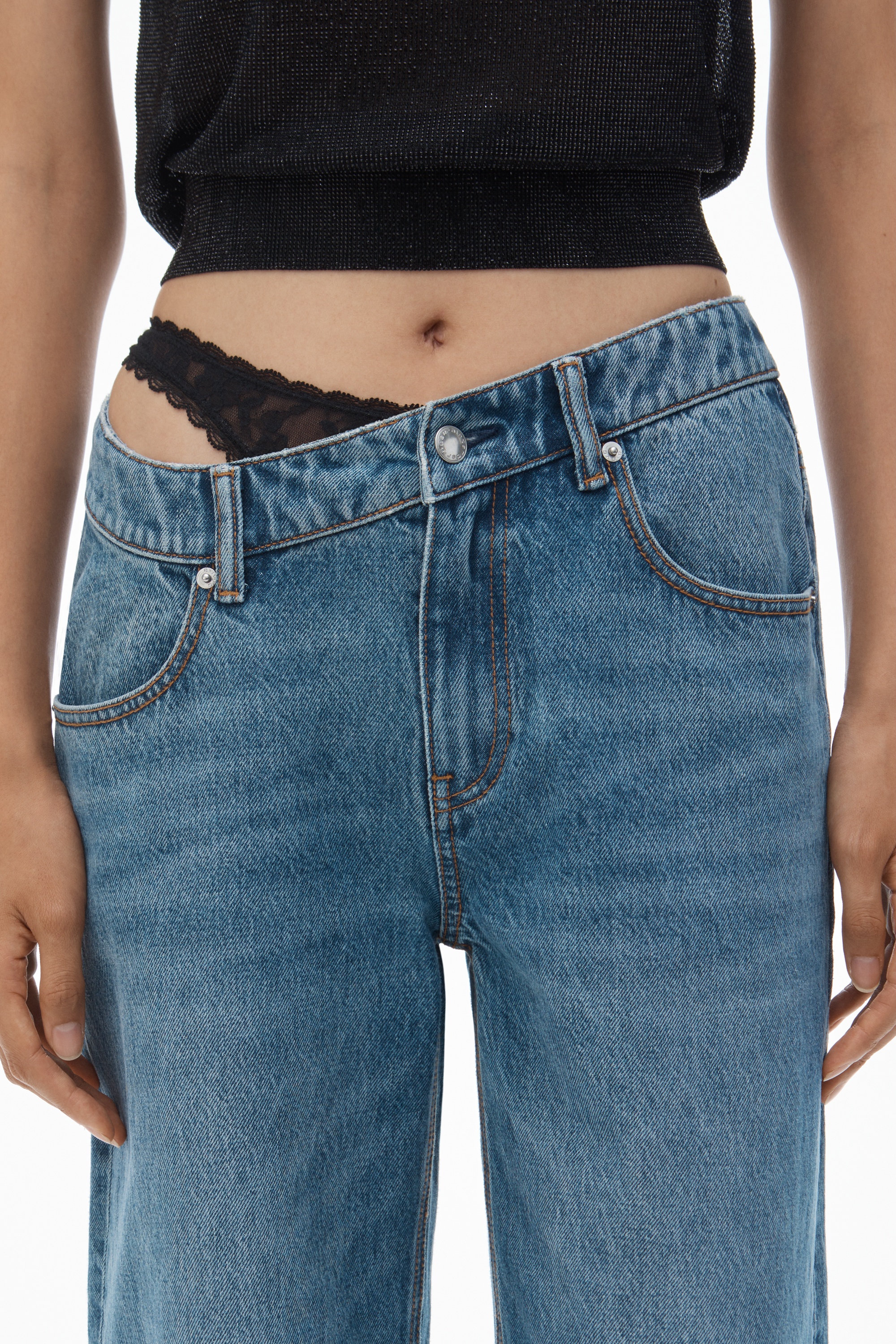 Pre-Styled Denim Jeans with Asymmetrical Lace Waistband - 4