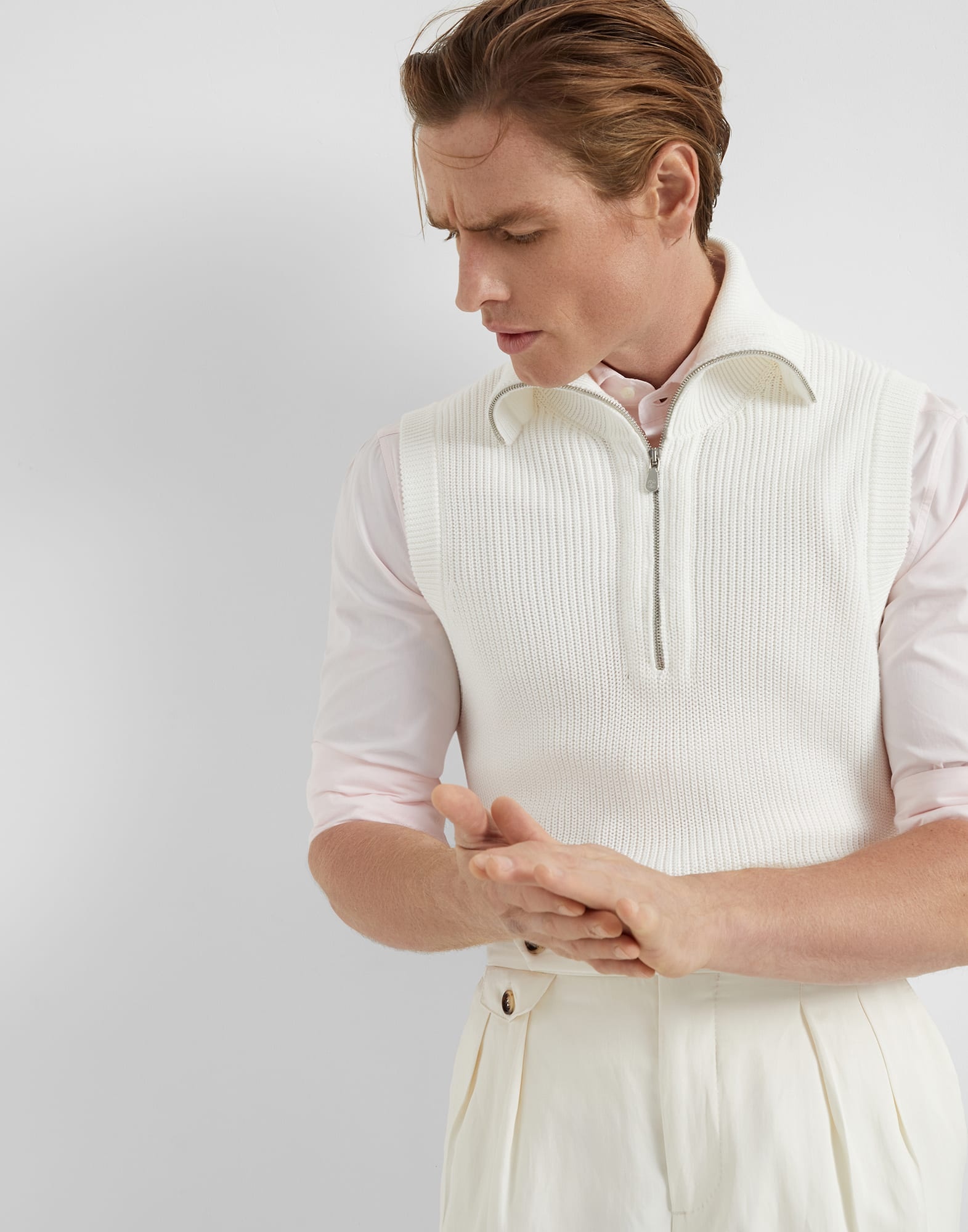 Cotton half English rib sweater vest with half zip - 4