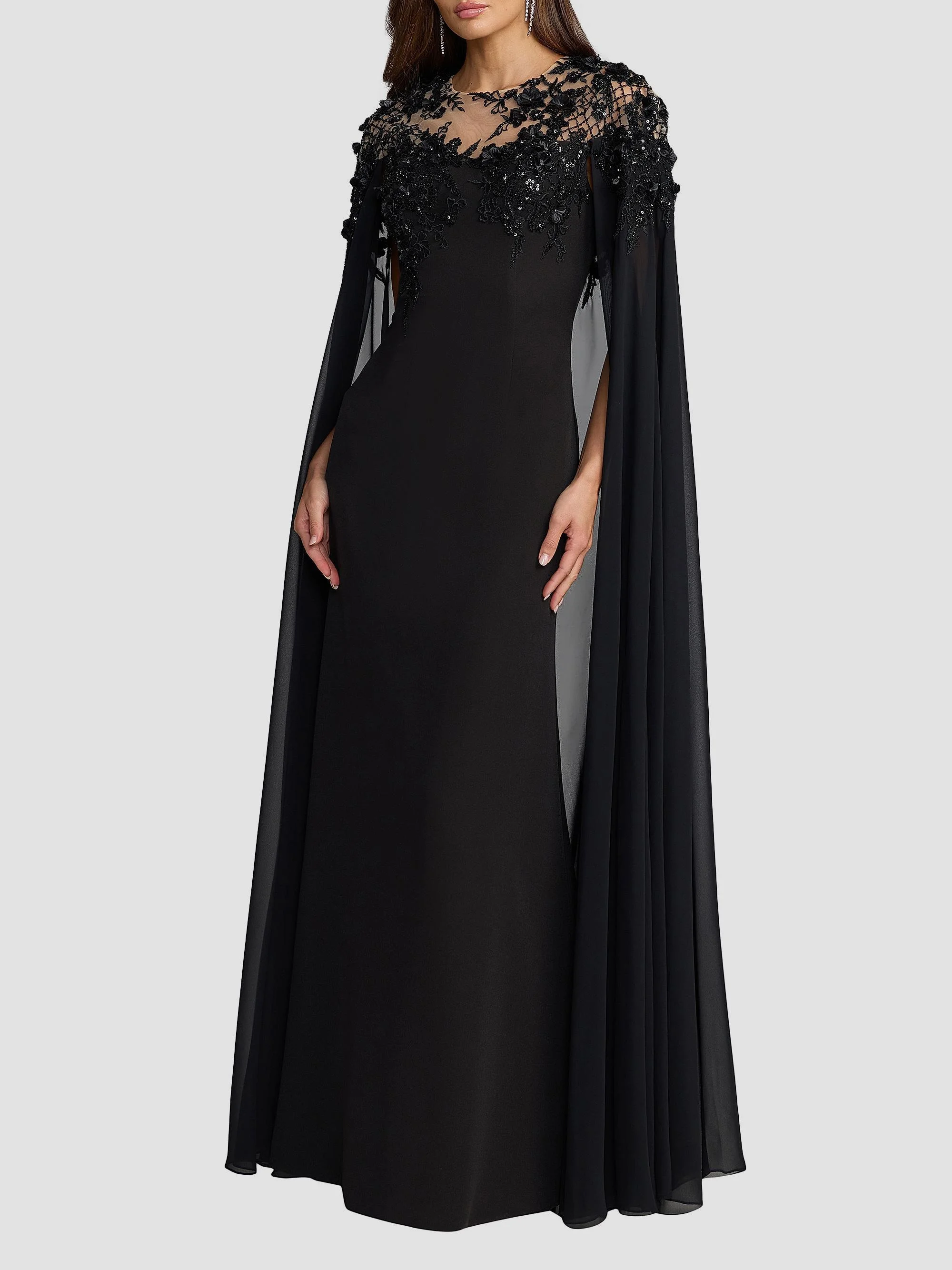 Women's Chiffon Floral Embellished Cape Gown - Black - 1