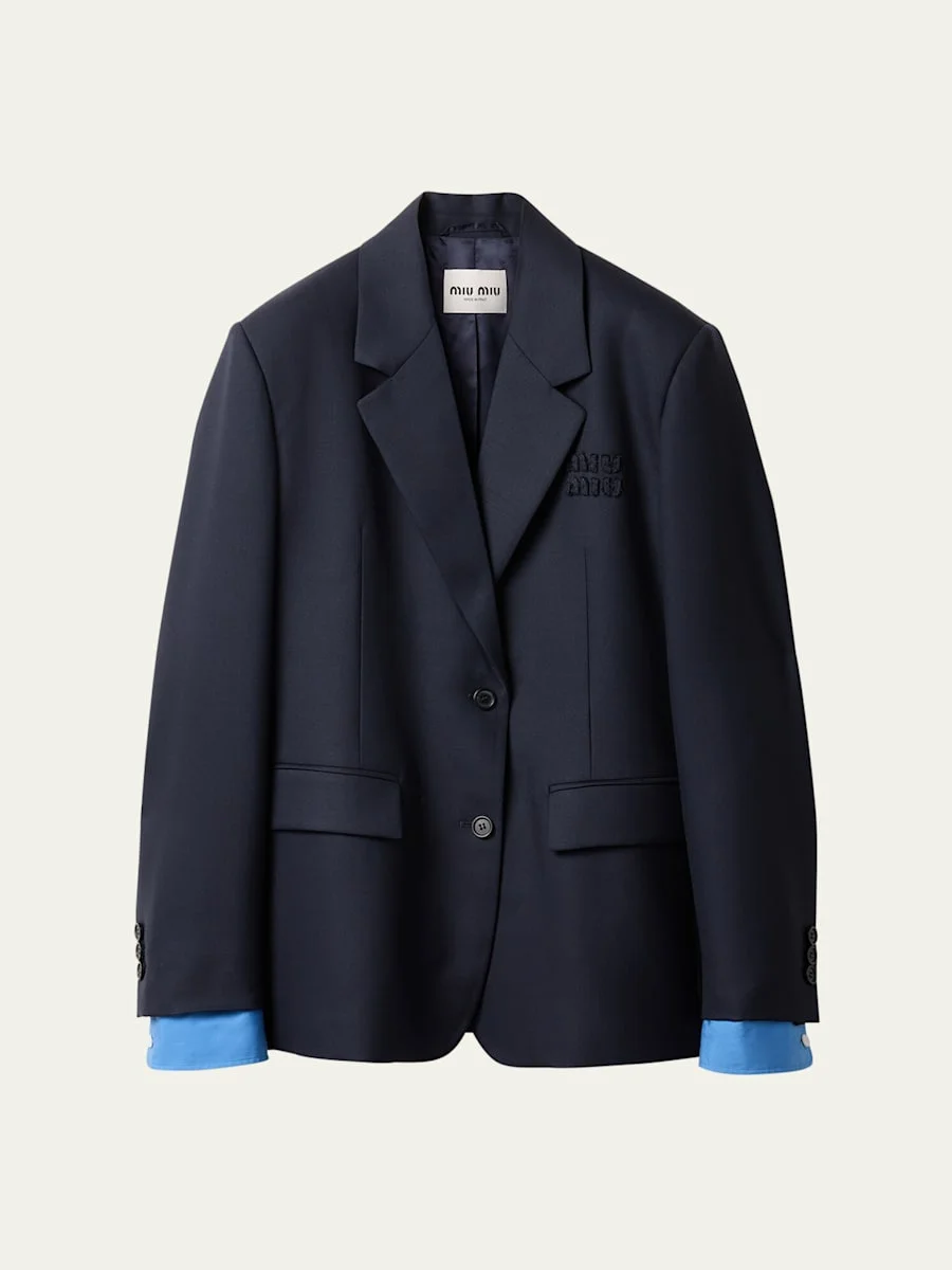 Logo Embroidered Oversized Wool Blazer Jacket - 1