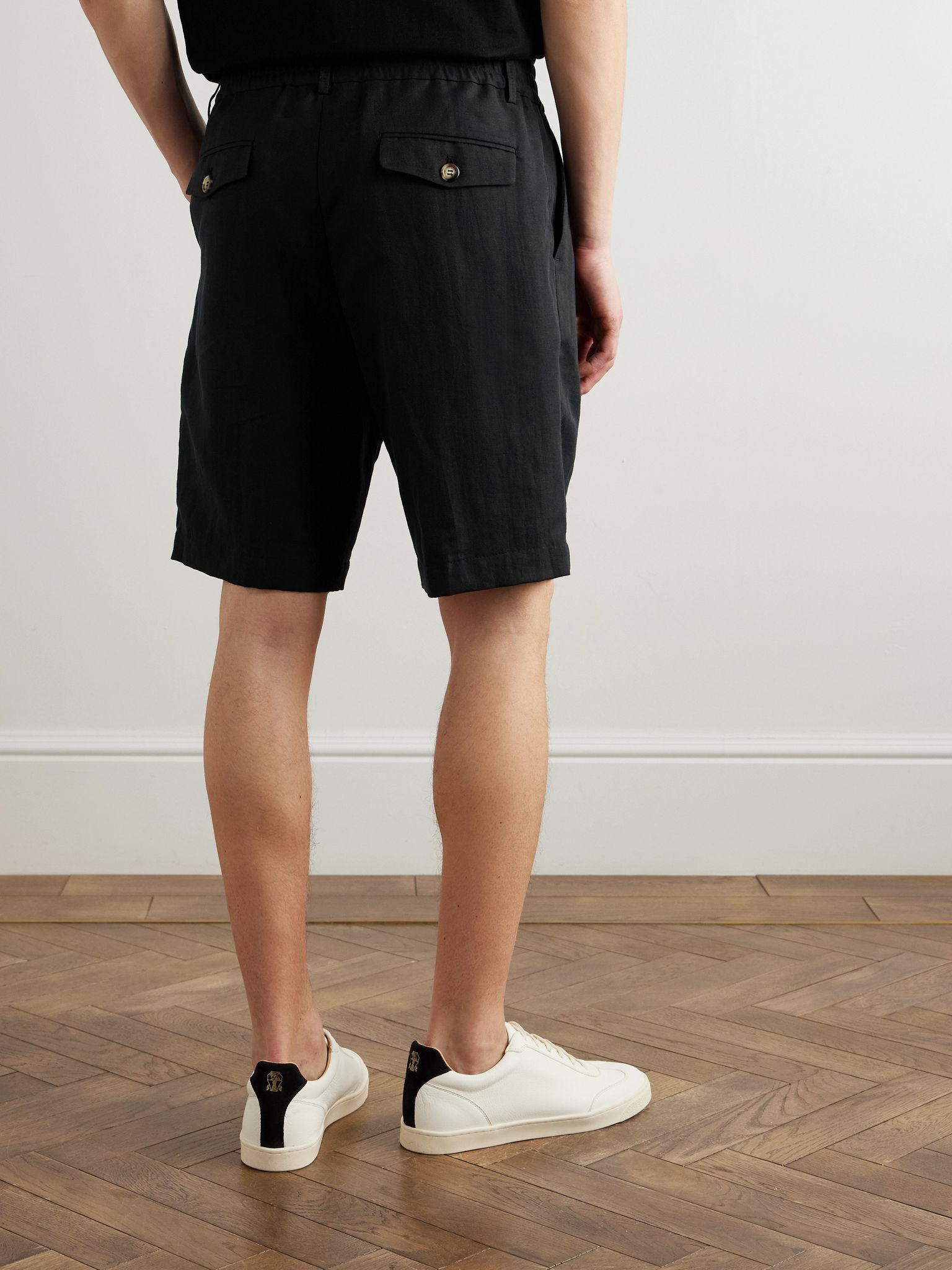 Straight-Leg Pleated Linen and Cotton-Blend Twill Bermuda Shorts Black - 4