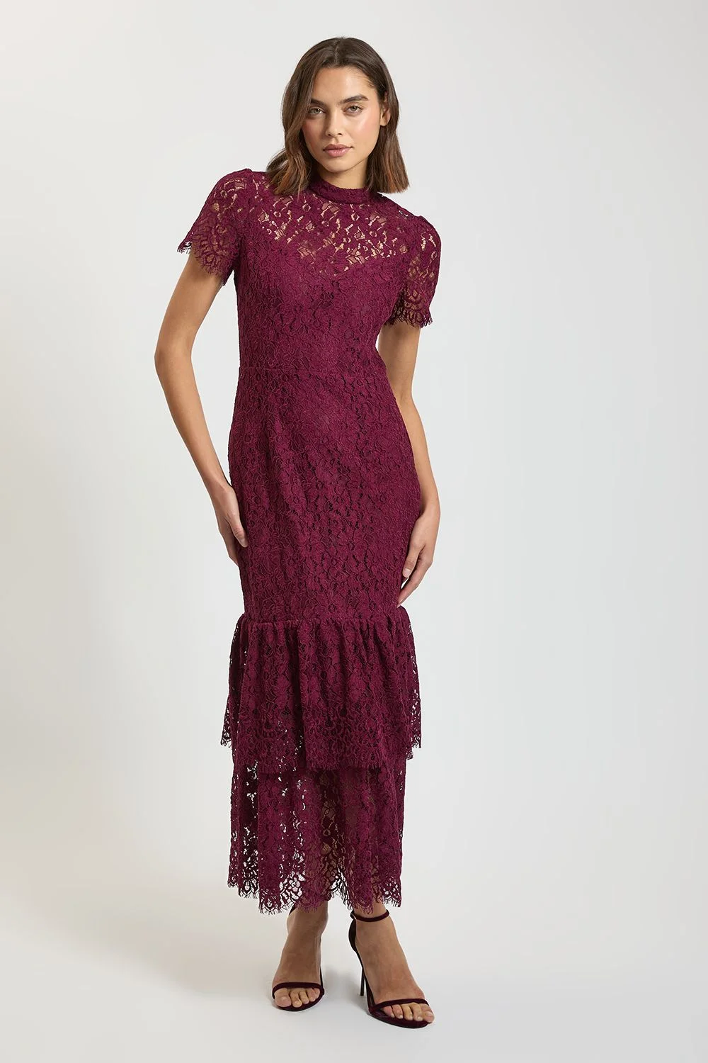Double Peplum Hem Lace Midi Dress - 1