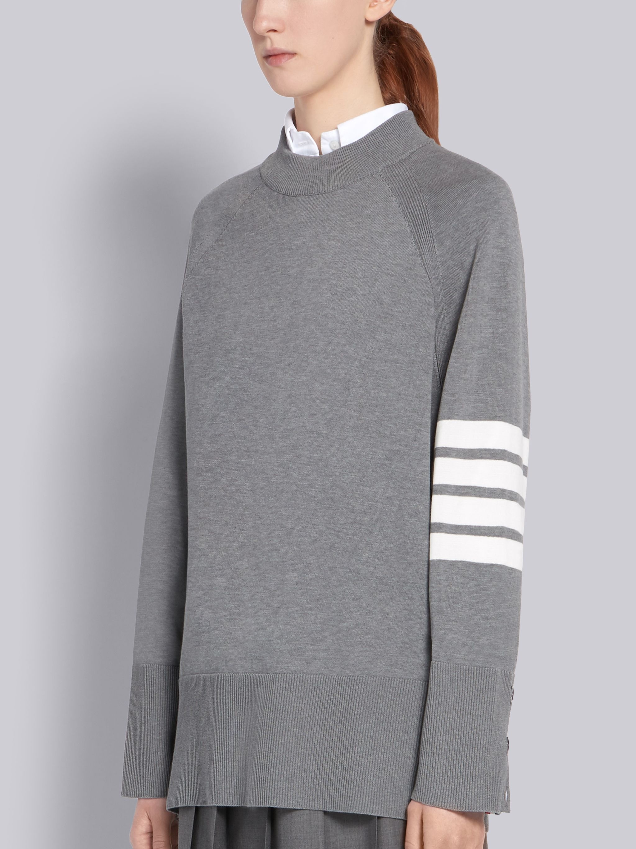 Light Grey Cotton Exaggerated Sleeve Crewneck 4-Bar Pullover - 2